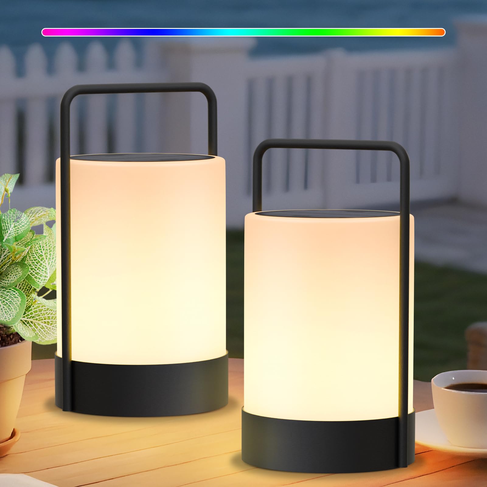 uuffoo 2 Pack Solar Lantern LED Outdoor Table Lamp Cordless Metal Frame IP44 Weather Resistant RGB and Warm White 7-15H Battery 
