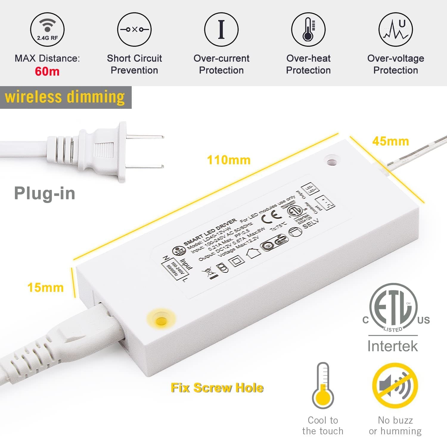 VST Under Cabinet Mini Panel Lighting 6PCS 3.94in 12V 2.5W Round White with Wireless Dimmer Switch, Model PL07-WL-3P-B