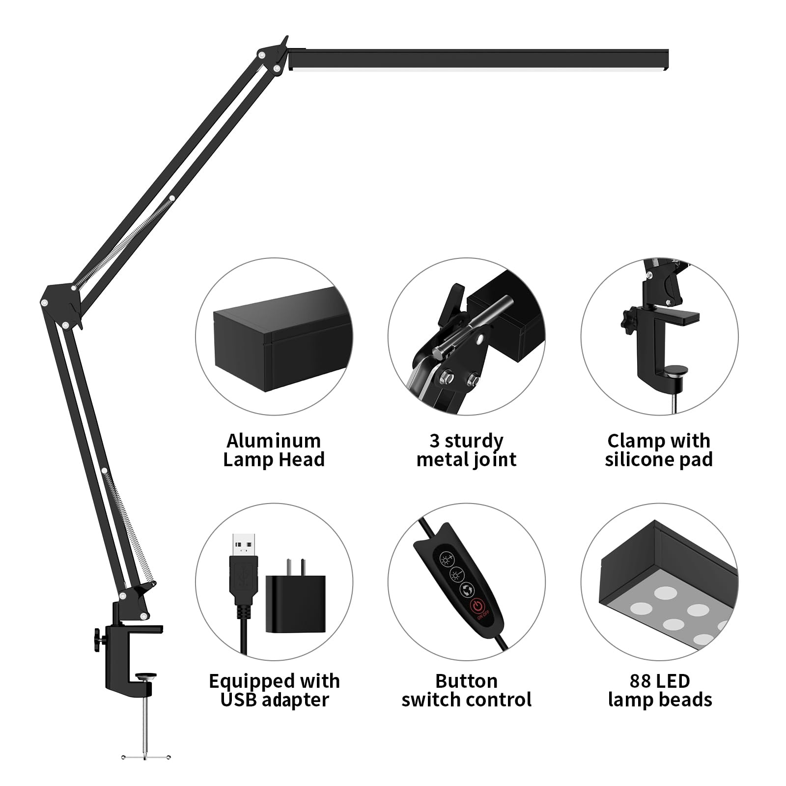 BZBRLZ LED Desk Lamp, Dimmable with 3 Color Modes, 10 Brightness Levels, Metal, Black, Model QR-01