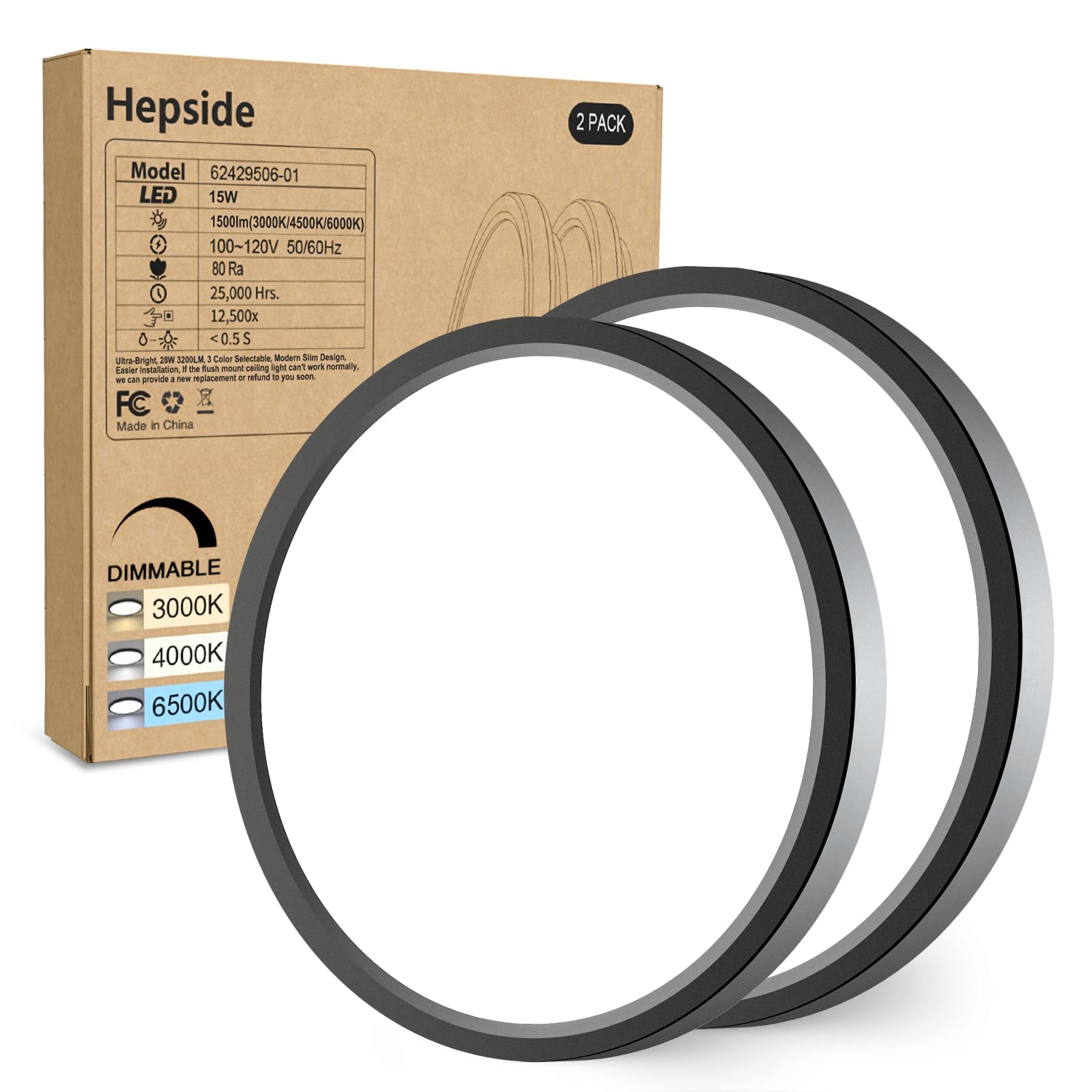 Hepside 2Pack Dimmable Flush Mount Ceiling Light Fixture Black, 3Cct Selectable 3000/4000/6500K Ceiling Lamp, 7.5Inch 15W 1500Lm