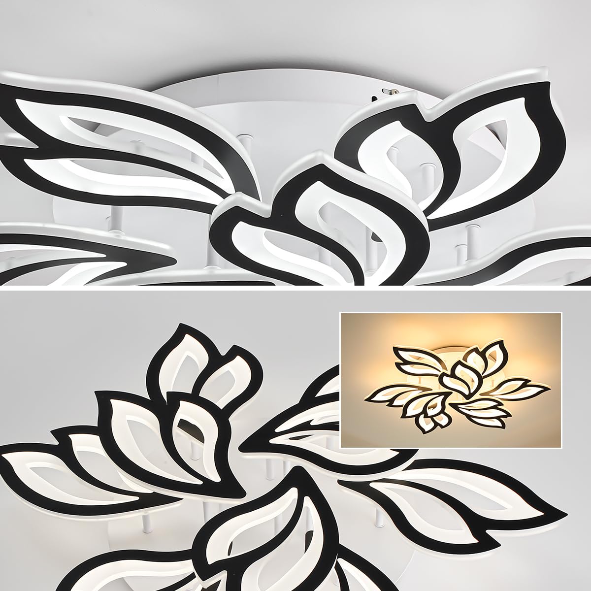 Garwarm Led Ceiling Light  Dimmable Modern Flower Shape Flush Mount Ceiling Lamp  75W Acrylic Petals Ceiling Chandelier Lighting With Remote Control For Living Room Bedroom Dining Room (Black)