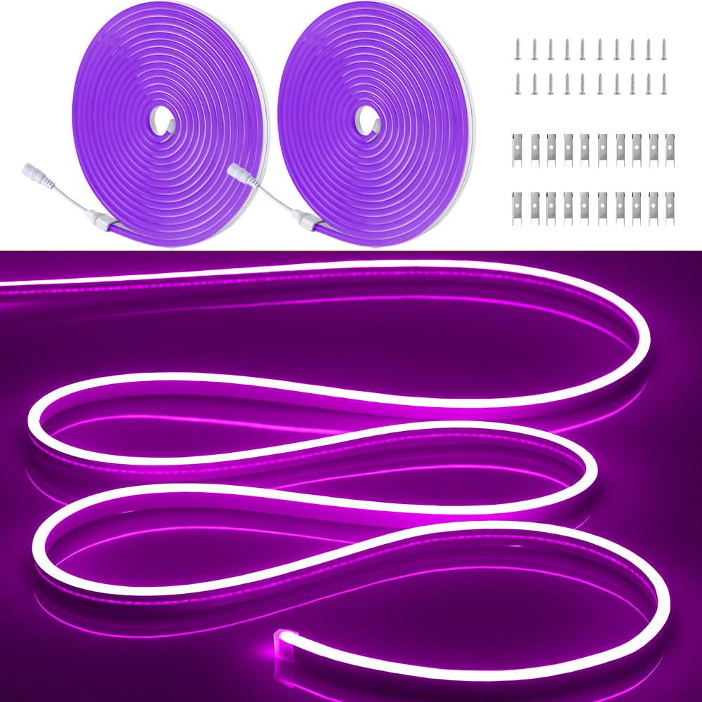 OWOFYDR Neon Light Strip-2PCS/10M/32.8FT/Purple/Flexible and Waterproof LED Rope Light with Mounting Accessories for Indoor & Ou
