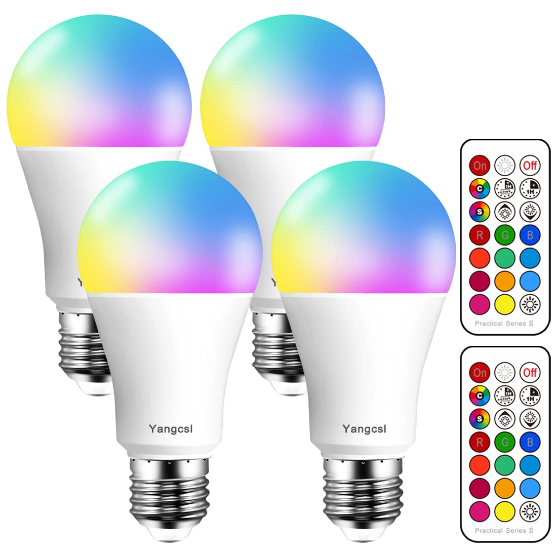 Yangcsl Led Light Bulbs 70W Equivalent  Rgb Color Changing Light Bulb  2 Moods/Memory/Sync/Dimmable  A19 E26 Screw Base  Timing Remote Control Included (Pack Of 4)