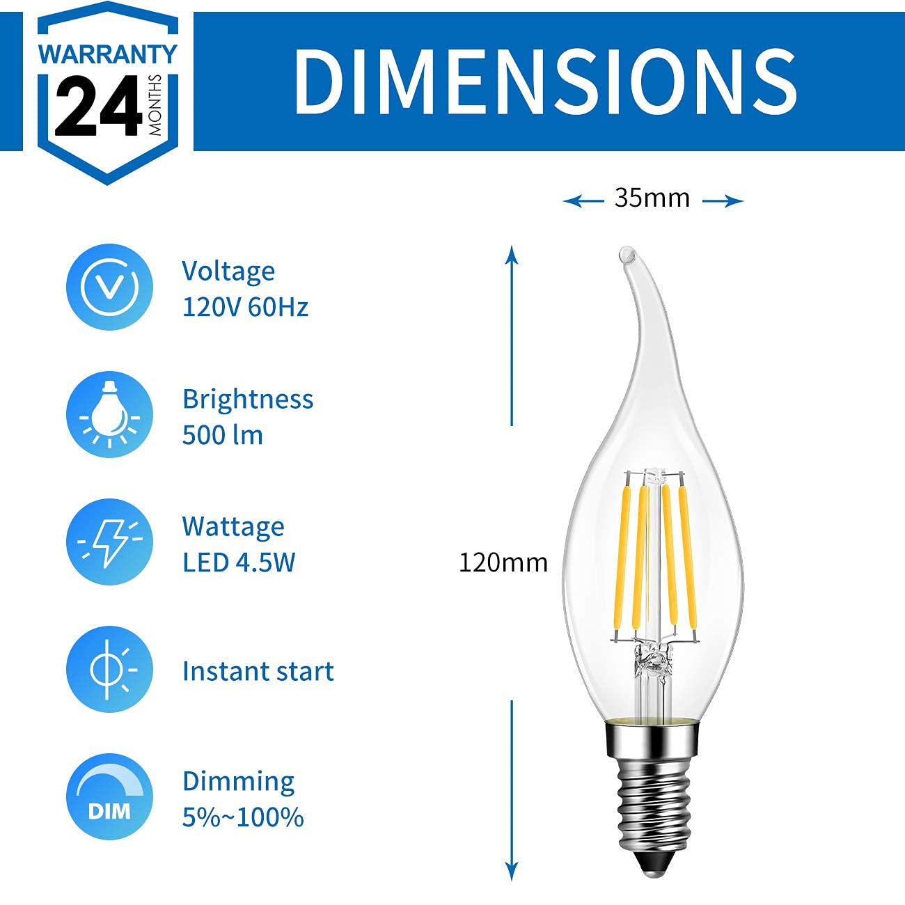 Anwio Flame Tip Led Filament Bulb Candelabra E12 Base, Dimmable 4.5W (60W Equivalent) B11 Chandelier Candle Light Bulb, 2700K Wa