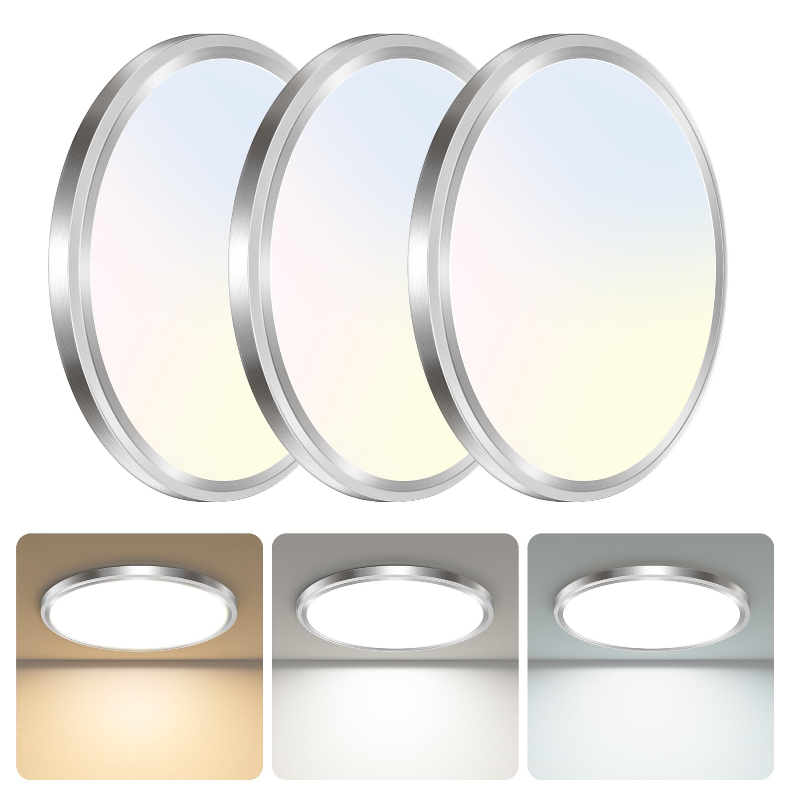 libtit 3Pack Led Ceiling Light 13Inch, 24W 2400Lm Bright Light Fixture Brushed Nickel, Adjustable 3000K/4500K/6000K, Modern Slim