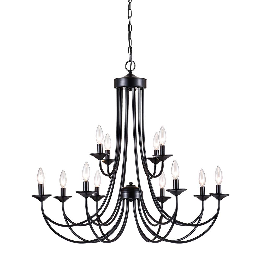 Maxax 12-Light Farmhouse Candle Chandelier, Rustic Black Wrought Iron Pendant Light For Living Room
