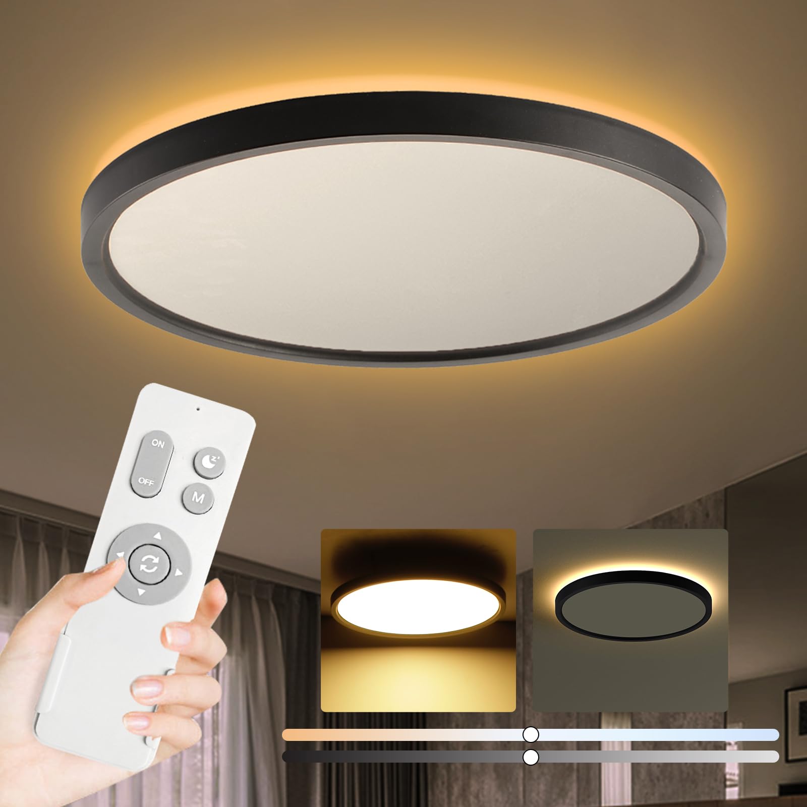 Roomratv Black Ceiling Light Fixture with Remote Control, with 3000K Warm Nightlight, 12inch 24W Flush Mount Ceiling Light, 3 Li