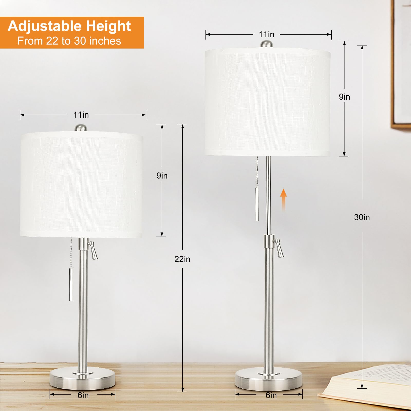 Qingmiao Brushed Nickel Table Lamps Set Of 2, 22-30&quot; Height Adjustable With Linen Shade