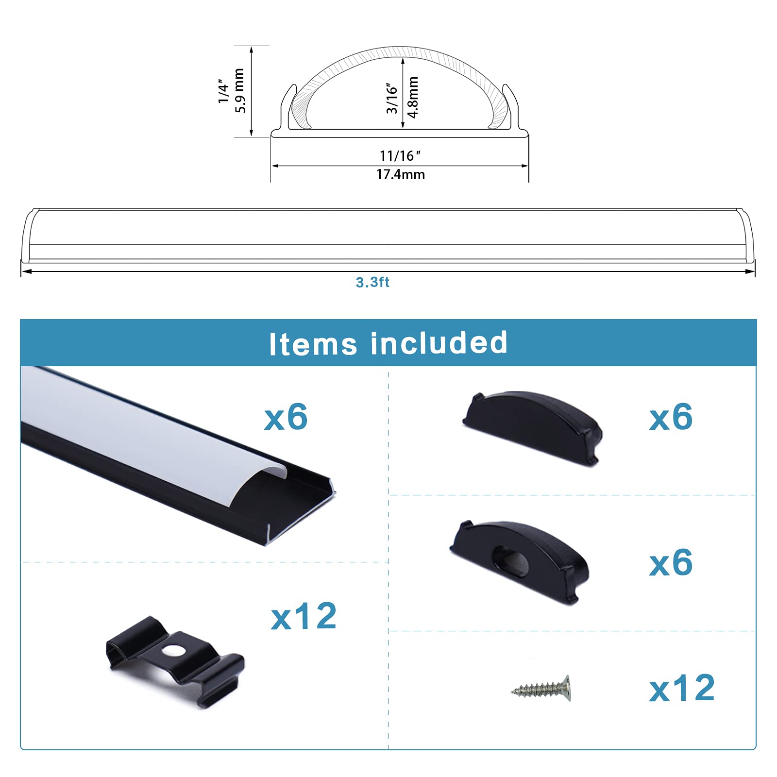 Muzata 6Pack 3.3Ft/1M Bendable Black Led Channel Flexible Aluminum Led Diffuser Channel With Milky White Cover U106 Bw 1M