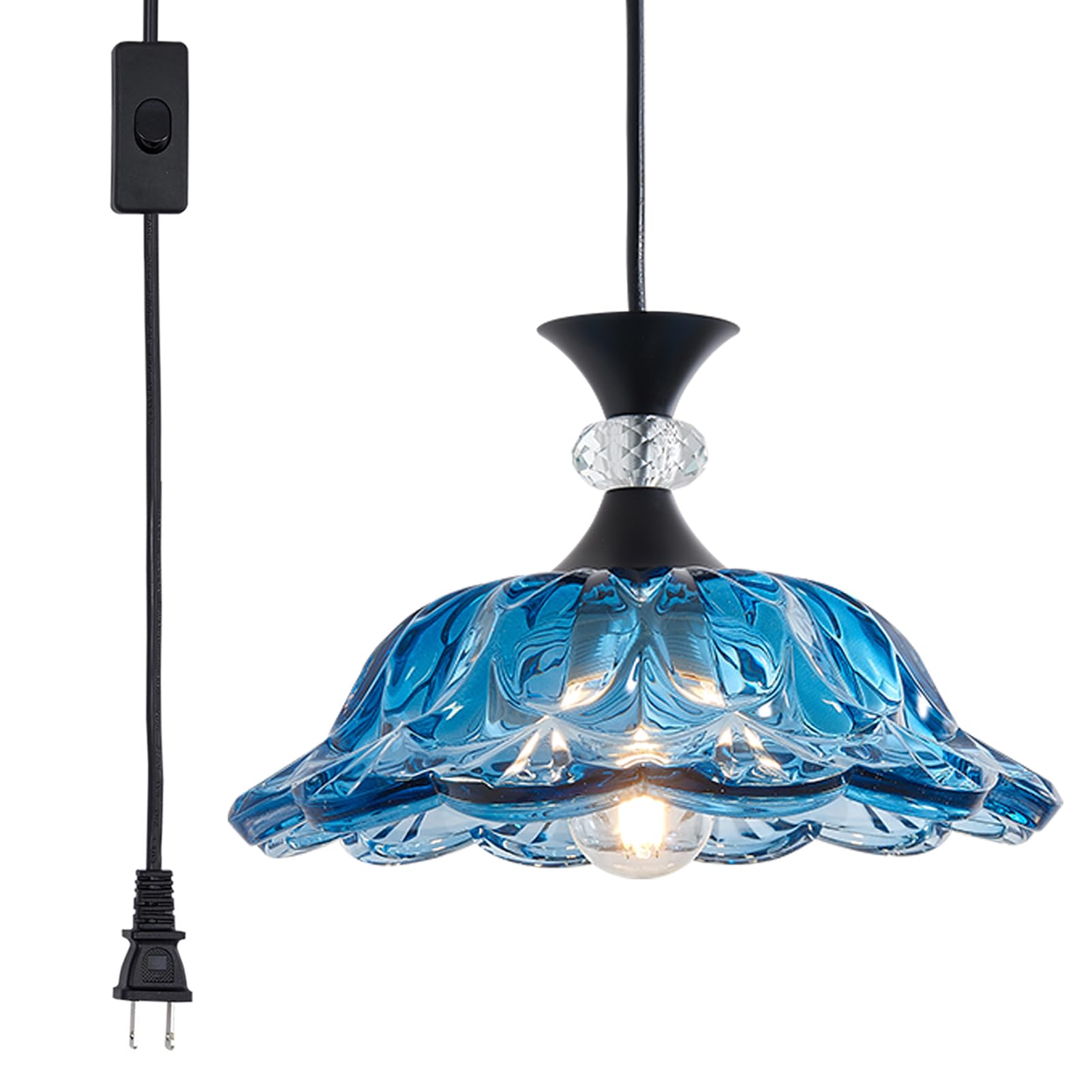 ZEYQLQZQ Plug in Black Pendant Light Plugin Kitchen Blue Glass Pendant Lighting Fixtures with Cord Switch Vintage Hanging Lamp f