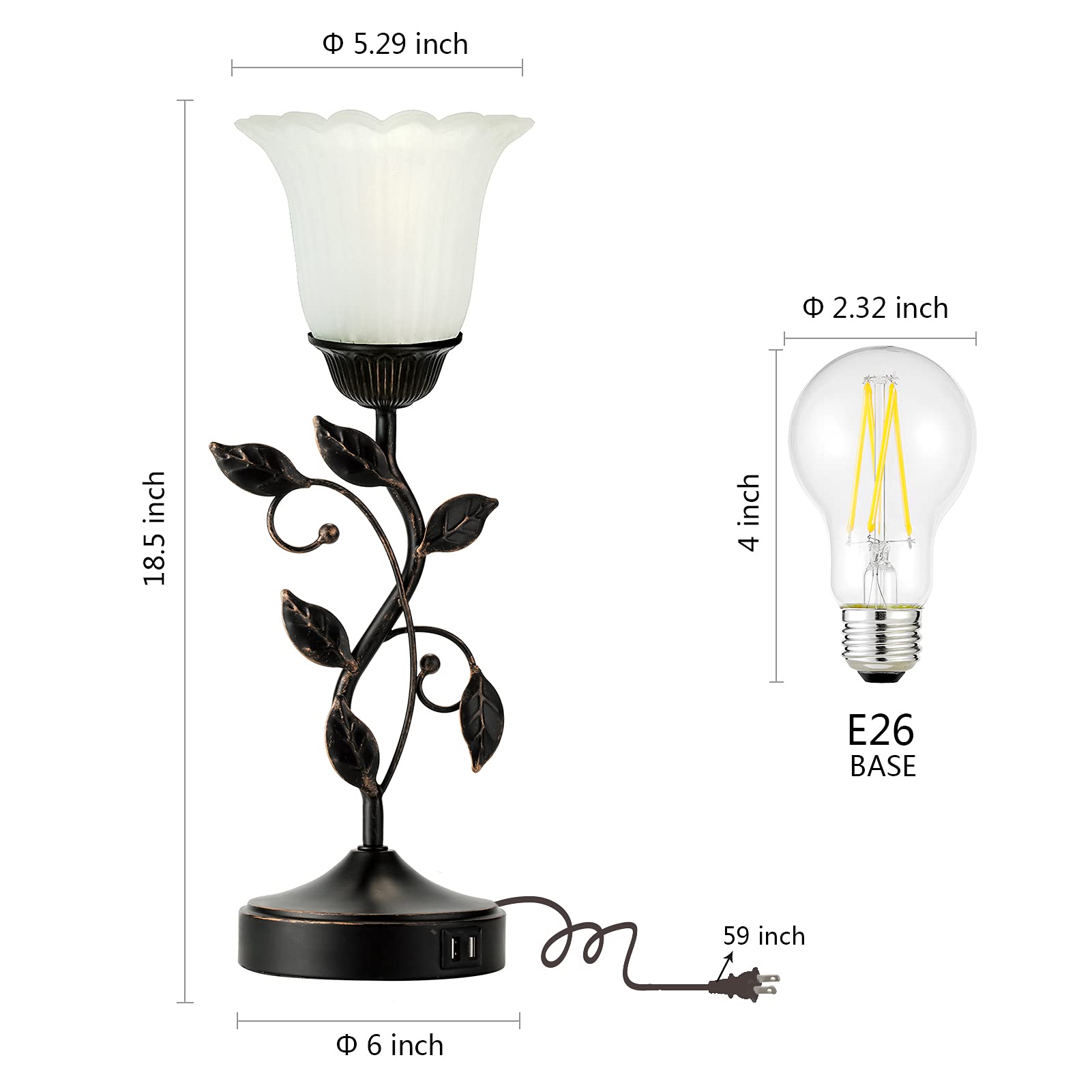 RORIANO Touch Control Bedside Lamp, 3-Way Dimmable, Metal Leaf Design, Black & White Glass Shade, LED Bulb Included, Model LM-L08841-TT