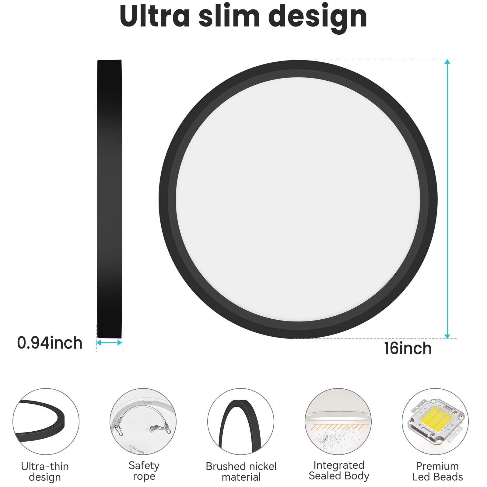 libtit 16-Inch Flush Mount LED Ceiling Light, 3000K/4000K/6500K, 36W, Black Satin, Model CLS39A-BK, 1