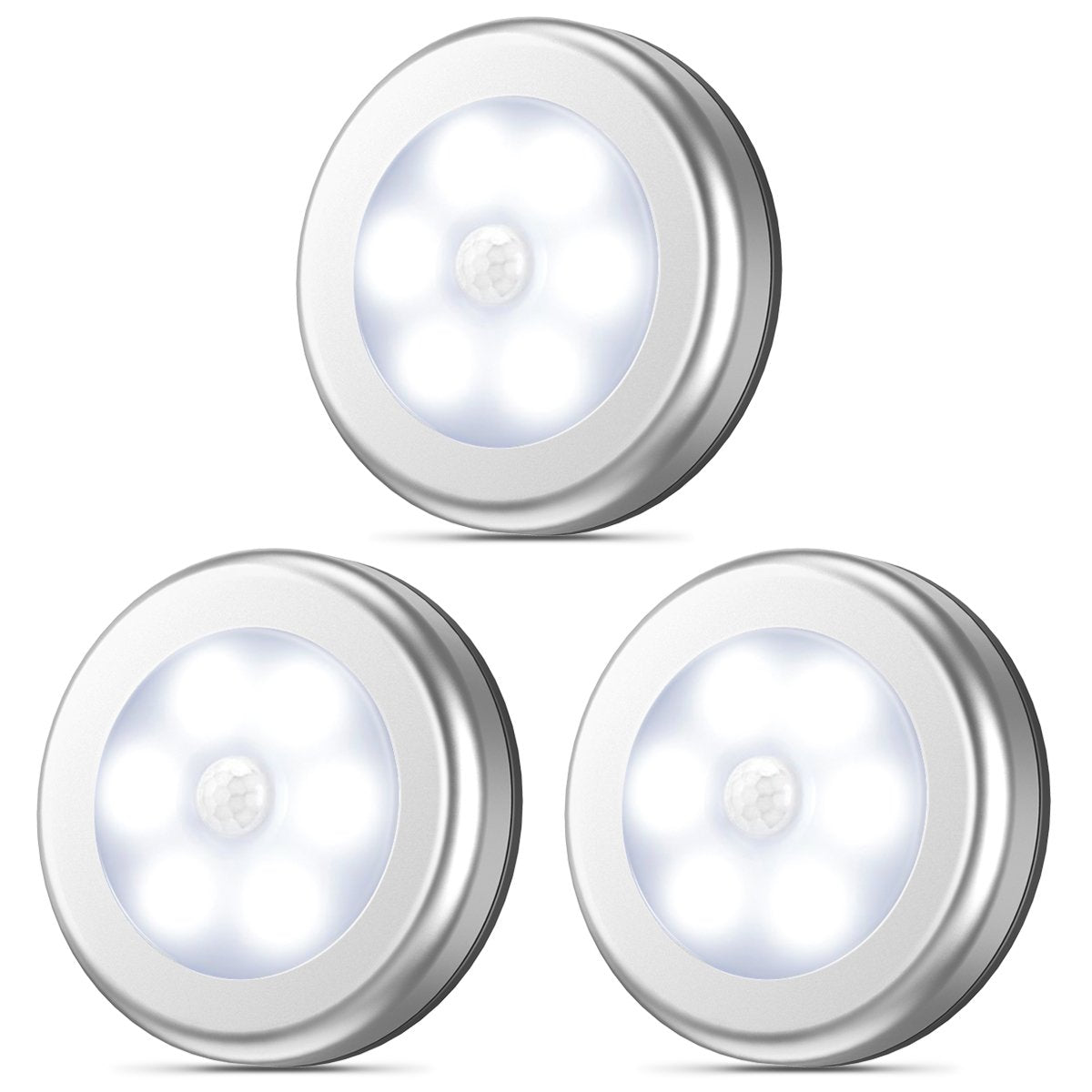 AMIR Motion Sensor Light 3 Pack, Battery-Powered LED Night Light, Metal, Silver-White, Model UF13_3PCS