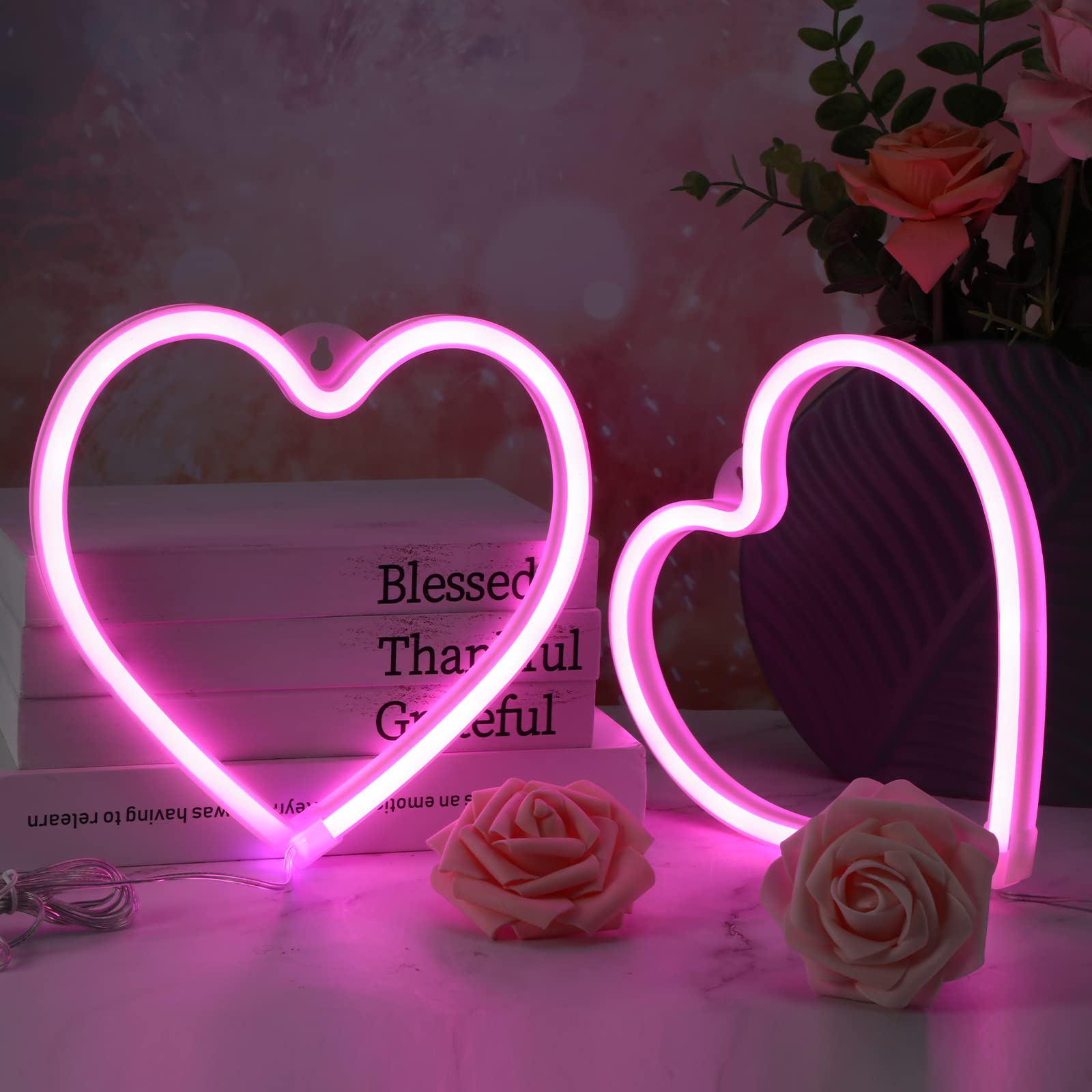 Tarpop LED Neon Heart Lights - 2 Pcs Pink Heart Decor, Battery Operated/USB Powered, Acrylic, Valentines Day Decoration