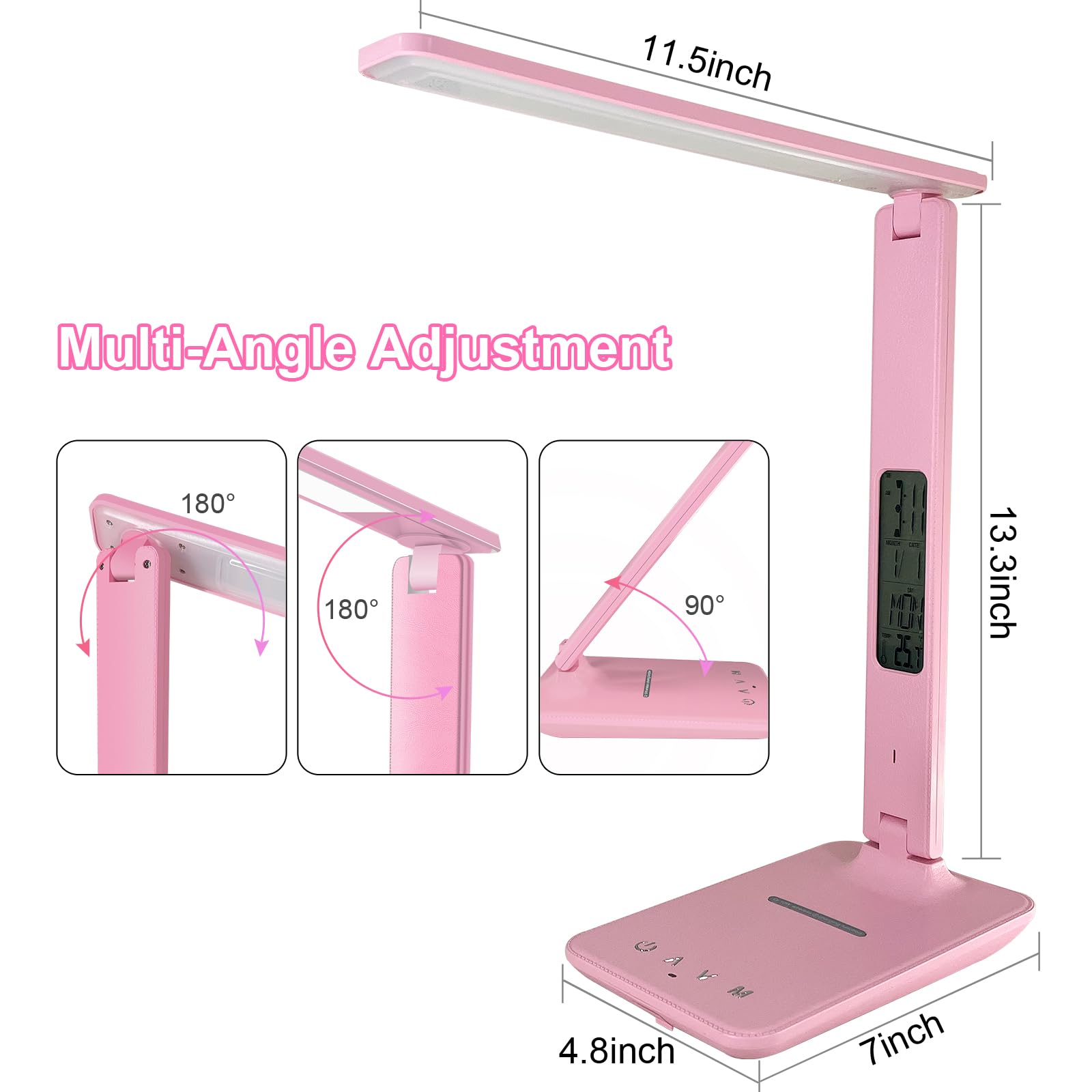 Snsok Desk Lamp With Wireless Charger, Usb Charging Port, Dimmable Office Desk Light With Clock, Alarm, Date, Temperature, Foldable Lamp For Table Bedroom Bedside Office (Pink)