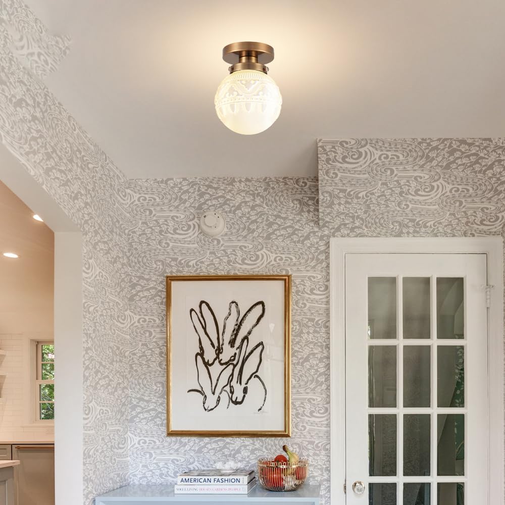 Daunton Semi Flush Mount Ceiling Light, Modern Globe Milk Glass Ceiling Light Fixture, Vintage Small Brass Gold Hallway Light Fi