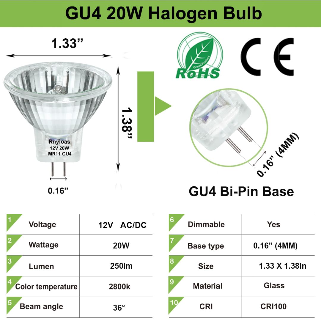 Rnyloas Gu4 Halogen 20W, 6 Pack Gu4 Base Mr11 12V 20W, Long Lasting Gu 4 Mr11 Dimmable With Glass Cover, Mr 11 Warm White 2800K