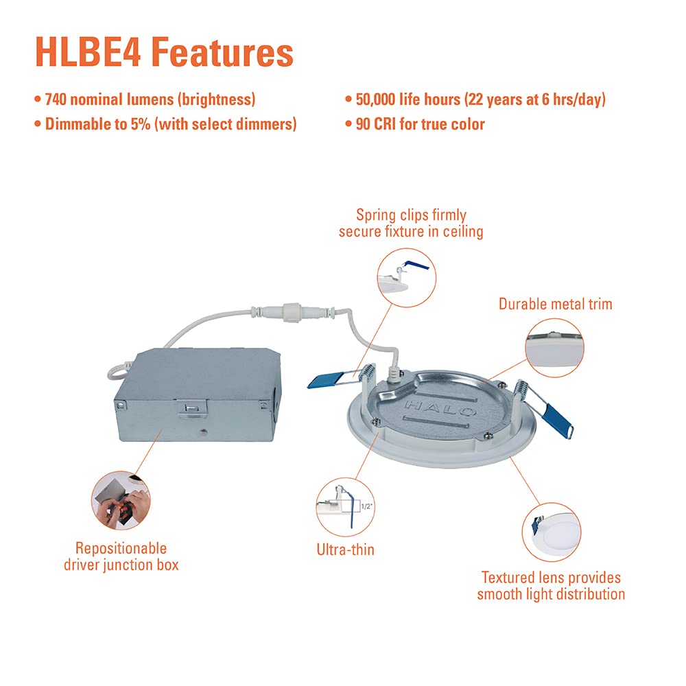 HALO 4 Inch Canless Ultra-Thin LED Wafer Light, 3000K Bright White, Wet Rated, 740 Lumens, Energy Star, 24 Pack, Model HLBE406