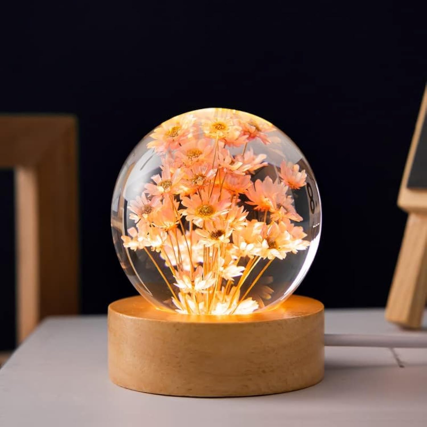 MARZIUS Flower Crystal Ball Night Light, 2.4 inch Glass Lamp with Wooden Base, Red Daisy, Model CB320