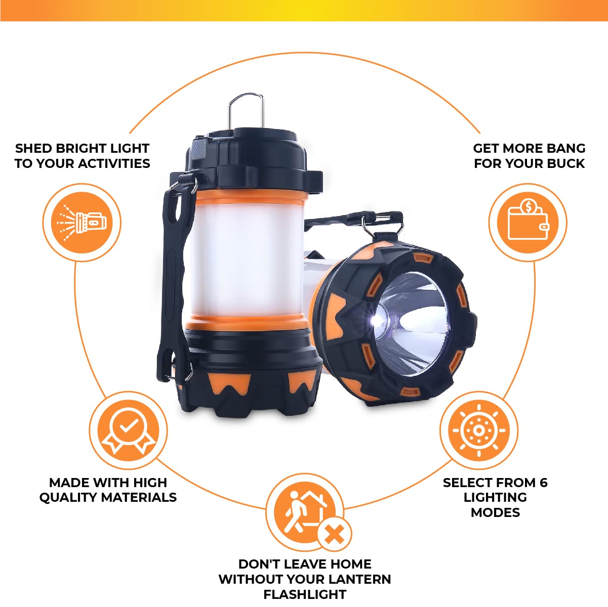 AYL LED Camping Lantern 1000 Lumens Rechargeable Flashlight IPX4 Waterproof Orange Model AYL500 for Emergency and Outdoor Use