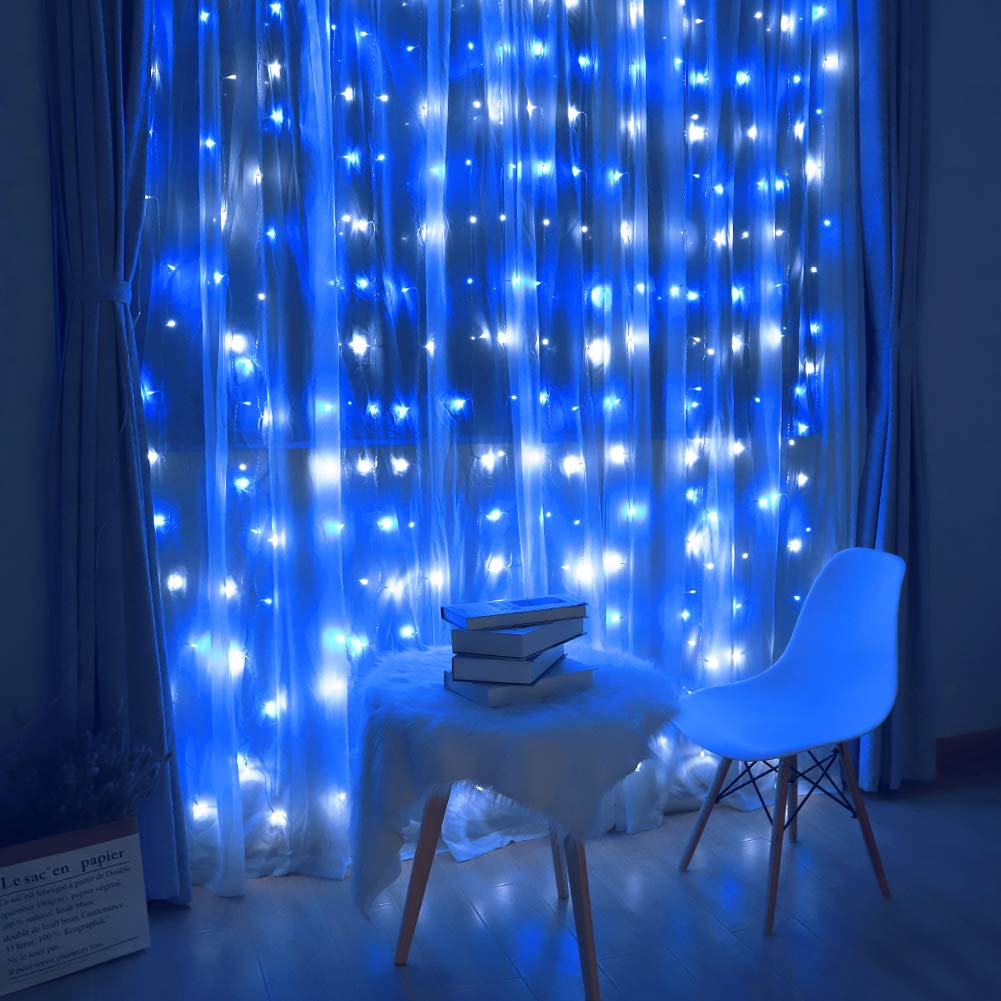 HEYFUNi Curtain Lights, 304LED, 9.8ft x 9.8ft, 30V, 8 Modes, Blue+White, Indoor/Outdoor Decorations