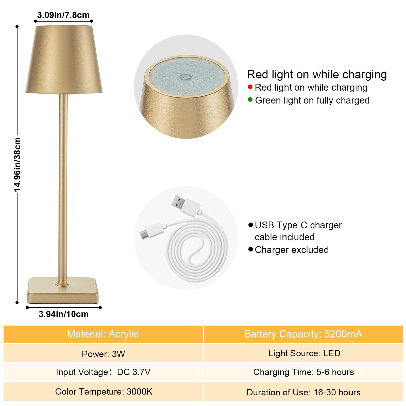 Kelary 2 Pack Cordless LED Table Lamp, Rechargeable, Stepless Dimmable, Gold, IP54 Waterproof, Model BZTD008GDFBAK
