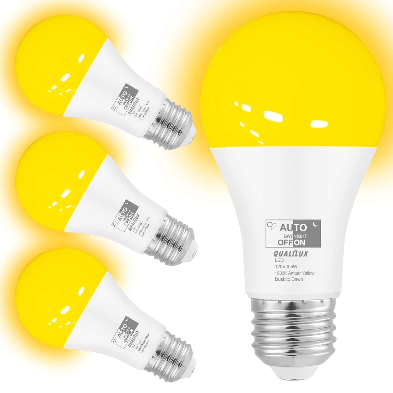 Qualilux Dusk to Dawn Bug Light Bulbs, 9.5W LED, 600 Lumen, 1900K Amber Yellow, A19 E26, 4-Pack