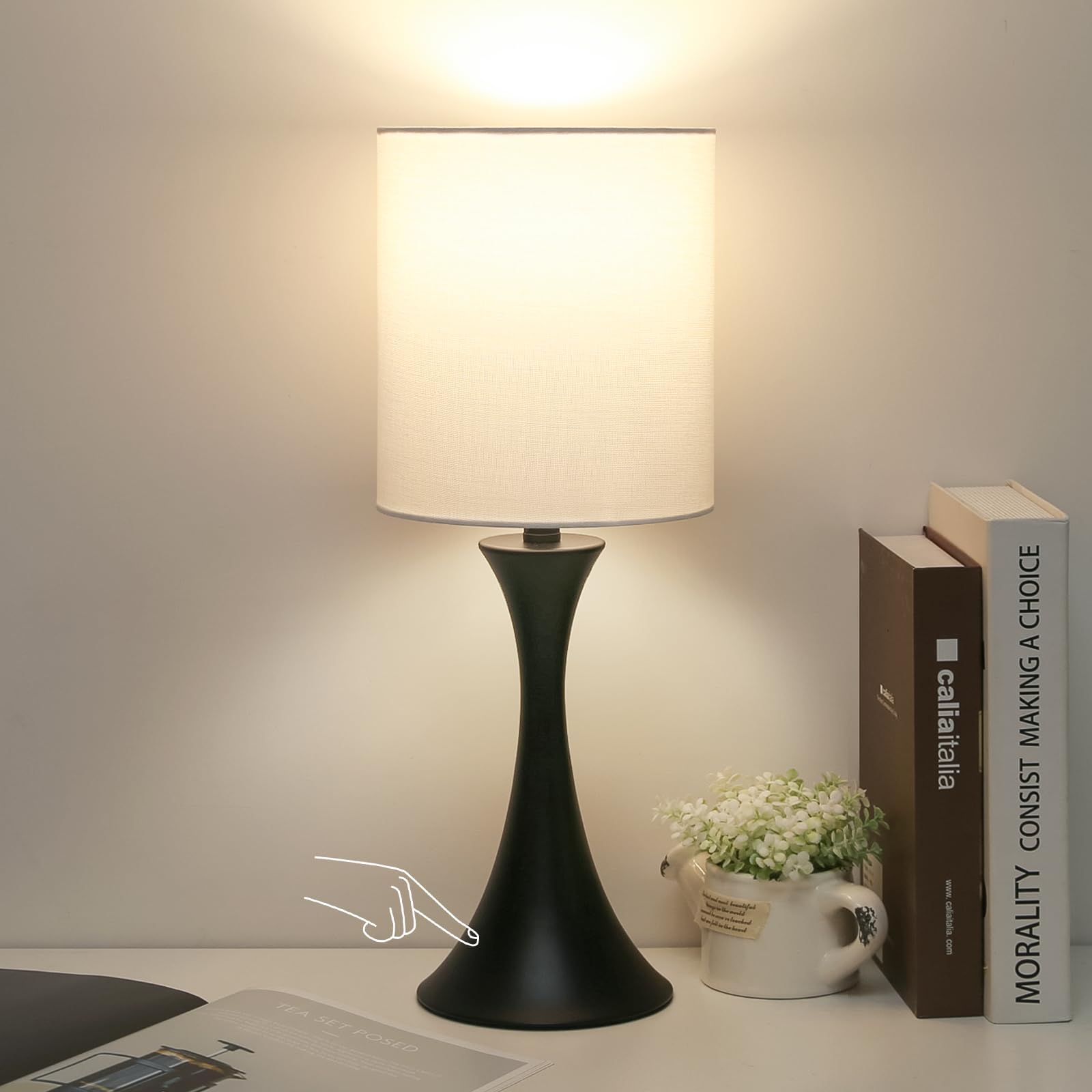 3 Way Touch Control Table Lamp, Modern Bedside Lamp for Bedroom, Dimmable Black Nightstand Lamp White Shade Desk Reading Light f