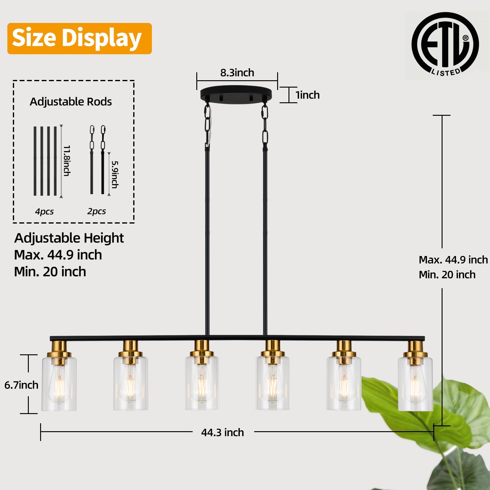 Kpiok Island Light For Kitchen, 6-Light Farmhouse Dining Room Light Fixture With Clear Glass Shade, 44.3'' Matte Black And Gold Linear Chandelier Pendant Lighting For Dining Table Kitchen Living Room