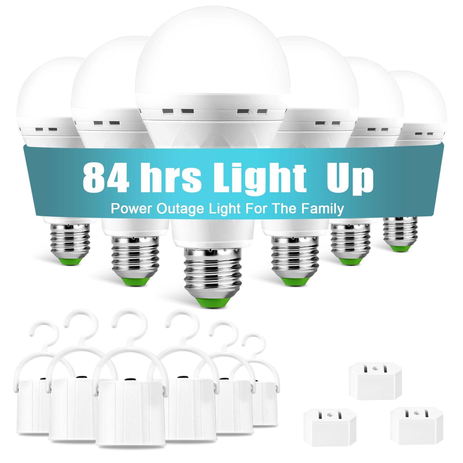 6 Pack Rechargeable Emergency Light Bulbs  Battery Powered LED Light Bulb 6000K Daylight E26 12W 60W Equivalent with 1500mAh for Home Power Outage Camping Hiking(6 Bulbs  6 Hooks 3 Plug Caps)