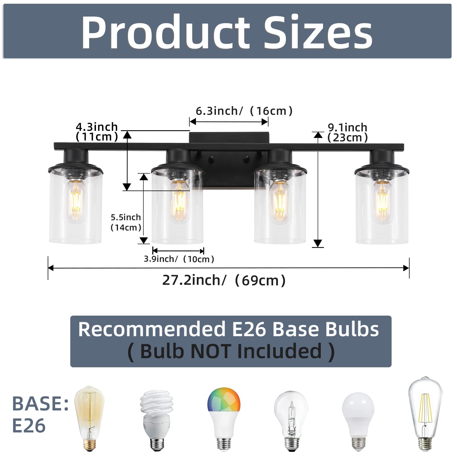 LOUSACE 4 Light Bathroom Vanity Light, Matte Black Metal Fixtures with Glass Shade, Model 21-4-BL, Modern Wall Sconce for Bathroom