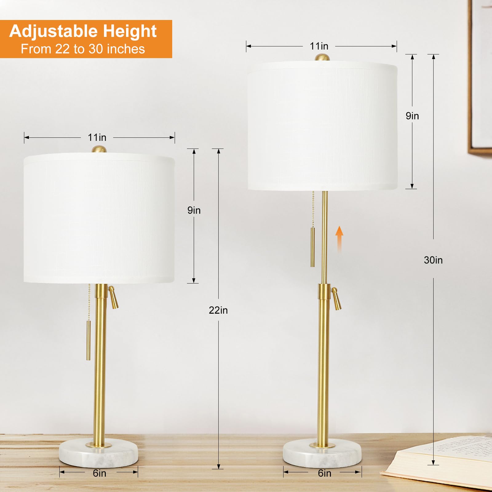 Qingmiao Adjustable Gold Nightstand Lamp Set Of 2, Marble Base, Linen Shade, 22-30&quot; Height