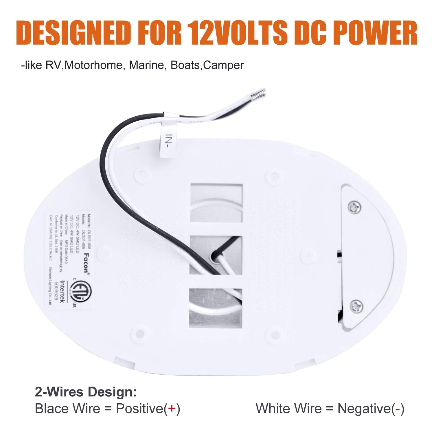 Facon LED Pancake Dome Light, 12V DC, On/Off Switch, L 5 7/8in  x W 3 3/4in  x H 1in , White