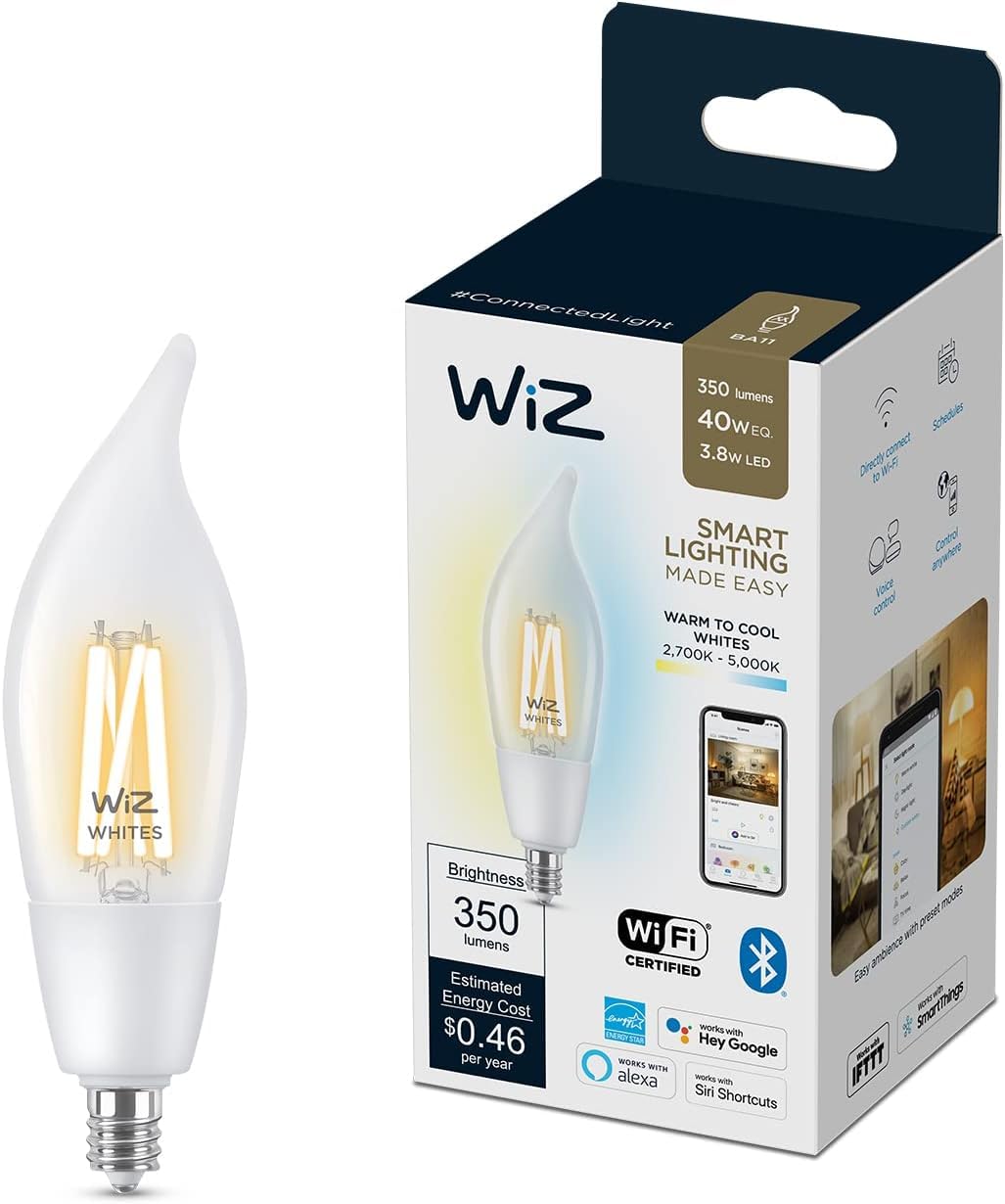 WiZ Clear 40W BA11 Tunable White Filament LED Smart Candle-Shaped Bulb - Pack of 1 - E12- Indoor - Connects to Your Existing Wi-