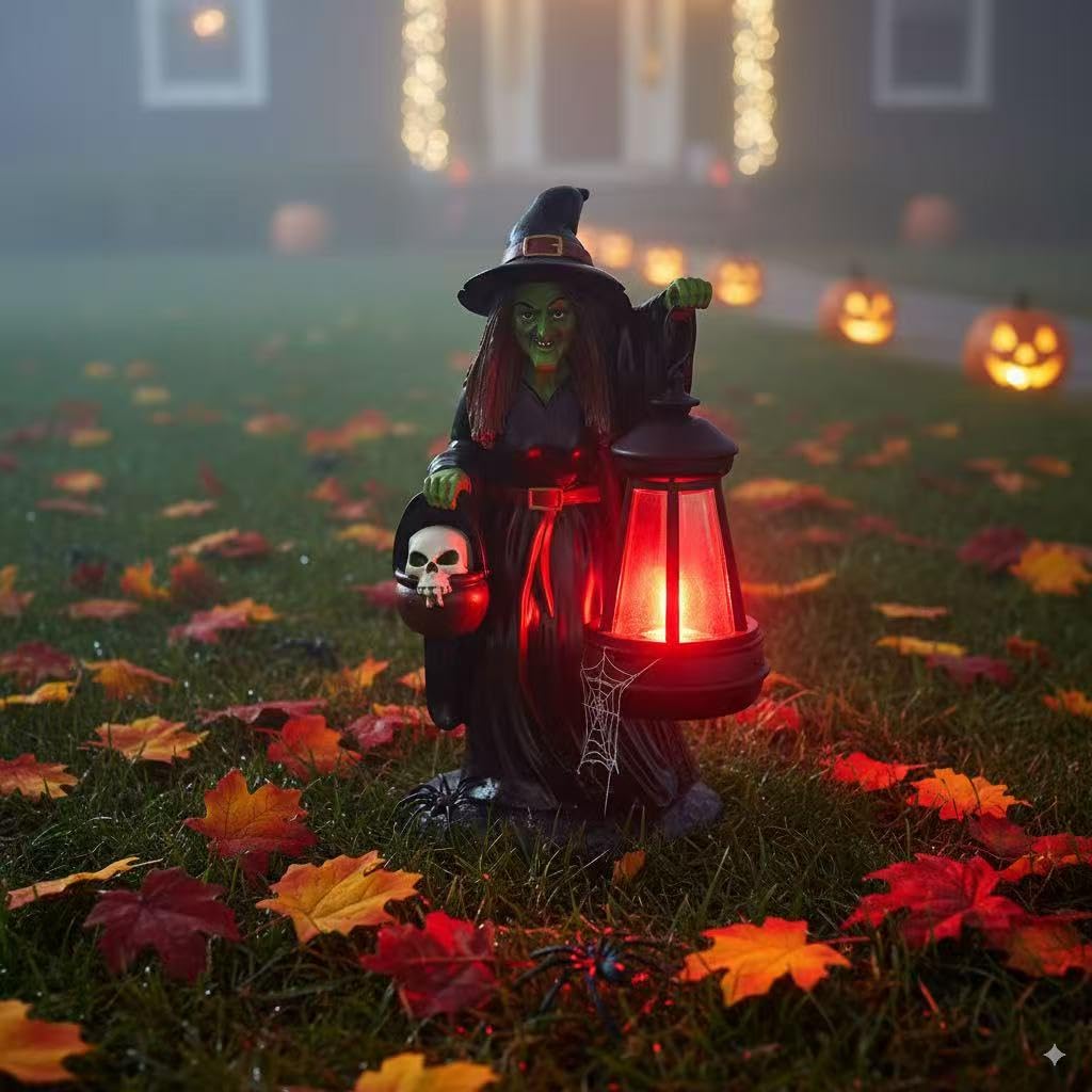 JJALIGHTS 9 Witch Halloween Decorations with Solar Lantern - Unique Resin Witch Figurine, Ideal Gift for Halloween Lovers, Outdo