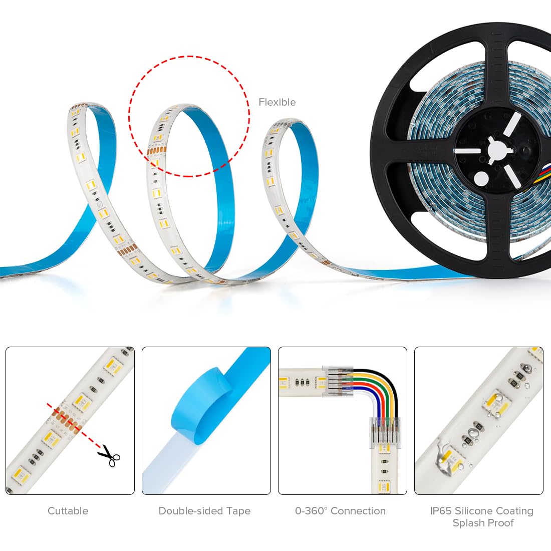 BTF-LIGHTING LED Tape Lights RGBWW 5050SMD 16.4ft 300LED IP65 White PCB DC12V