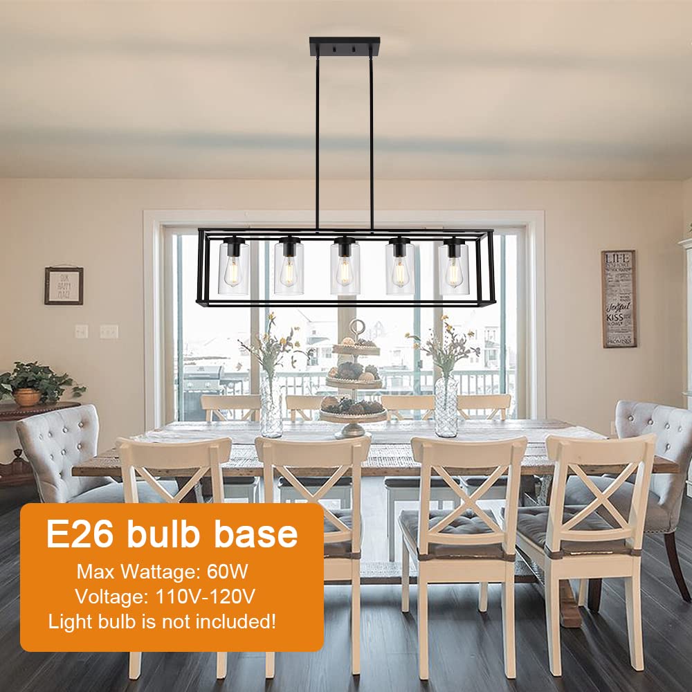 VINLUZ Farmhouse Black 5-Light Chandelier - Metal Kitchen Island Pendant Light with Glass Shade, Model 1811-5-BL