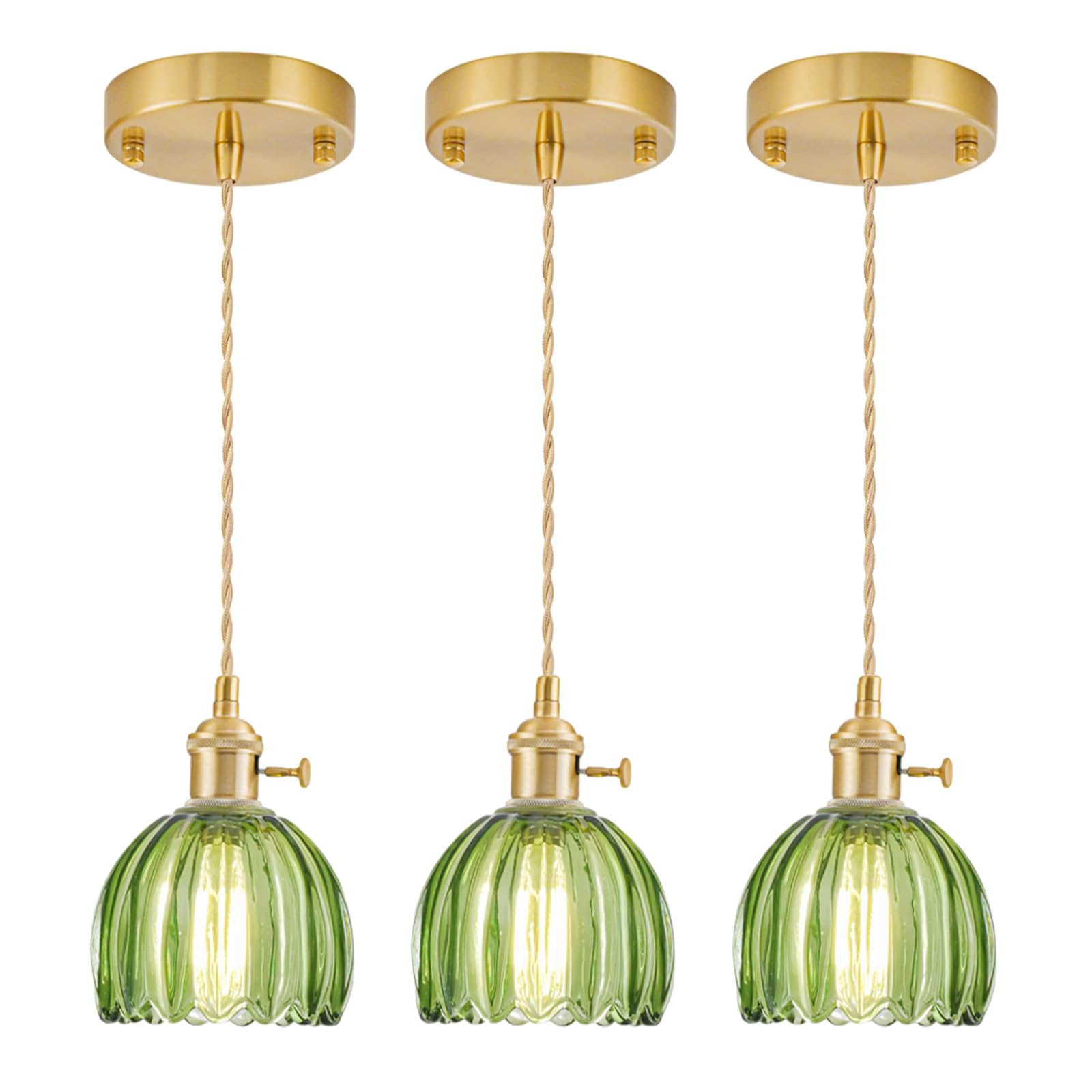 GMTB Mini Pendant Lights Kitchen Island 3 Pack  Small Adjustable Pendant Light Fixture with Green Tulip Glass Lampshade  Vintage Gold Pendant Lighting  Pendant Light for Bedroom Dining Room Hallway