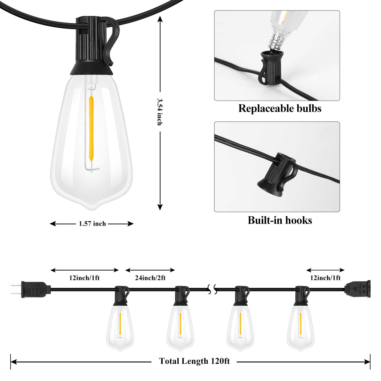 Brightever 120FT Outdoor String Lights - Waterproof LED Patio Lights with 62 Vintage Bulbs, Black Wire, 2700K Warm White