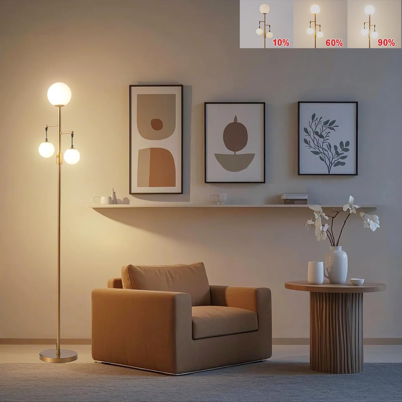 Fiqevs Dimmable Mid Century Modern Floor Lamp, Globe Gold Standing Lamp with Frosted Glass Shade & LED Bulbs, Adjustable Brightn
