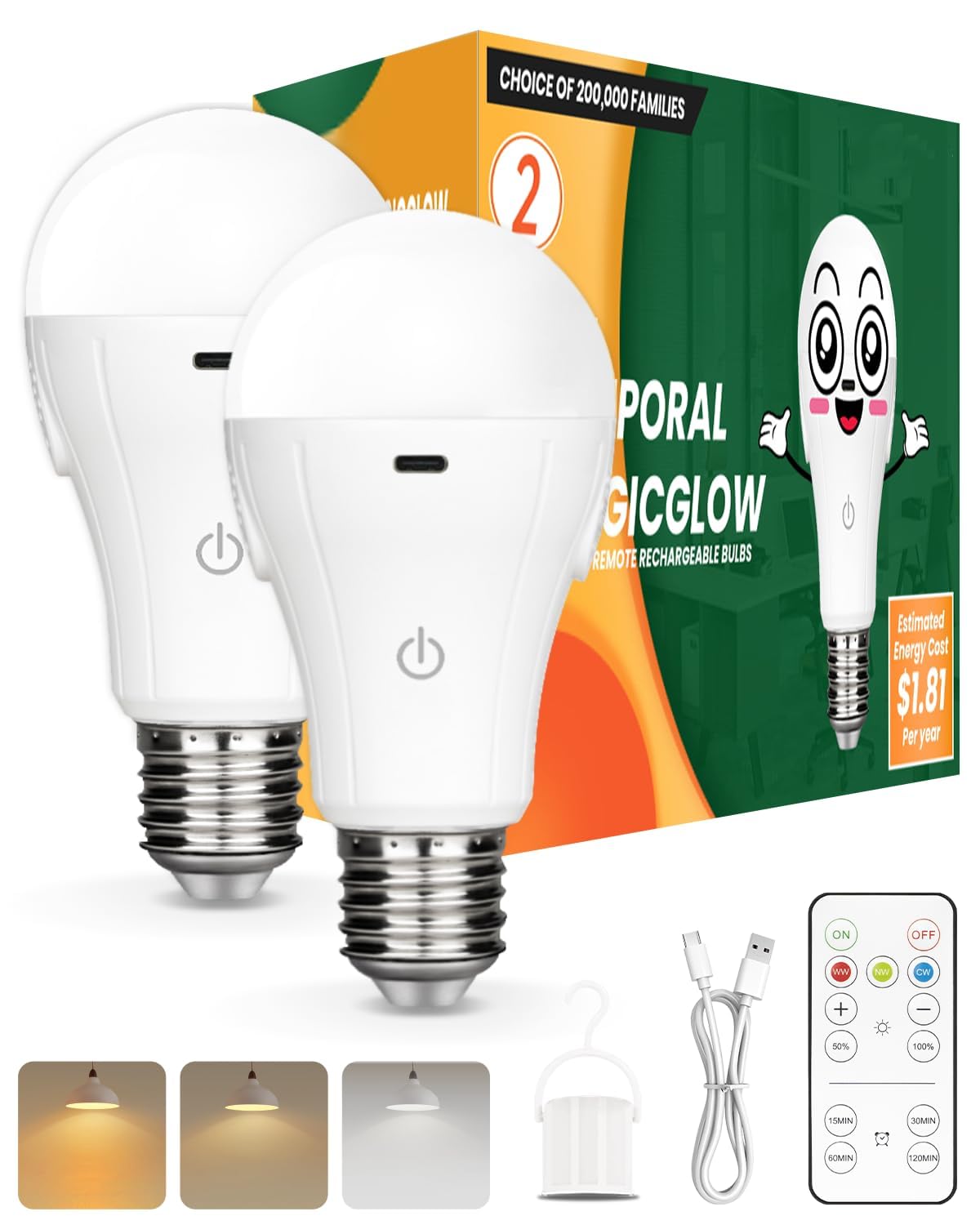 Neporal USB Rechargeable Light Bulbs, 15W A19 E26/E27, 3-Color Shift, Dimmable, 2-Pack, 3000k-6000k