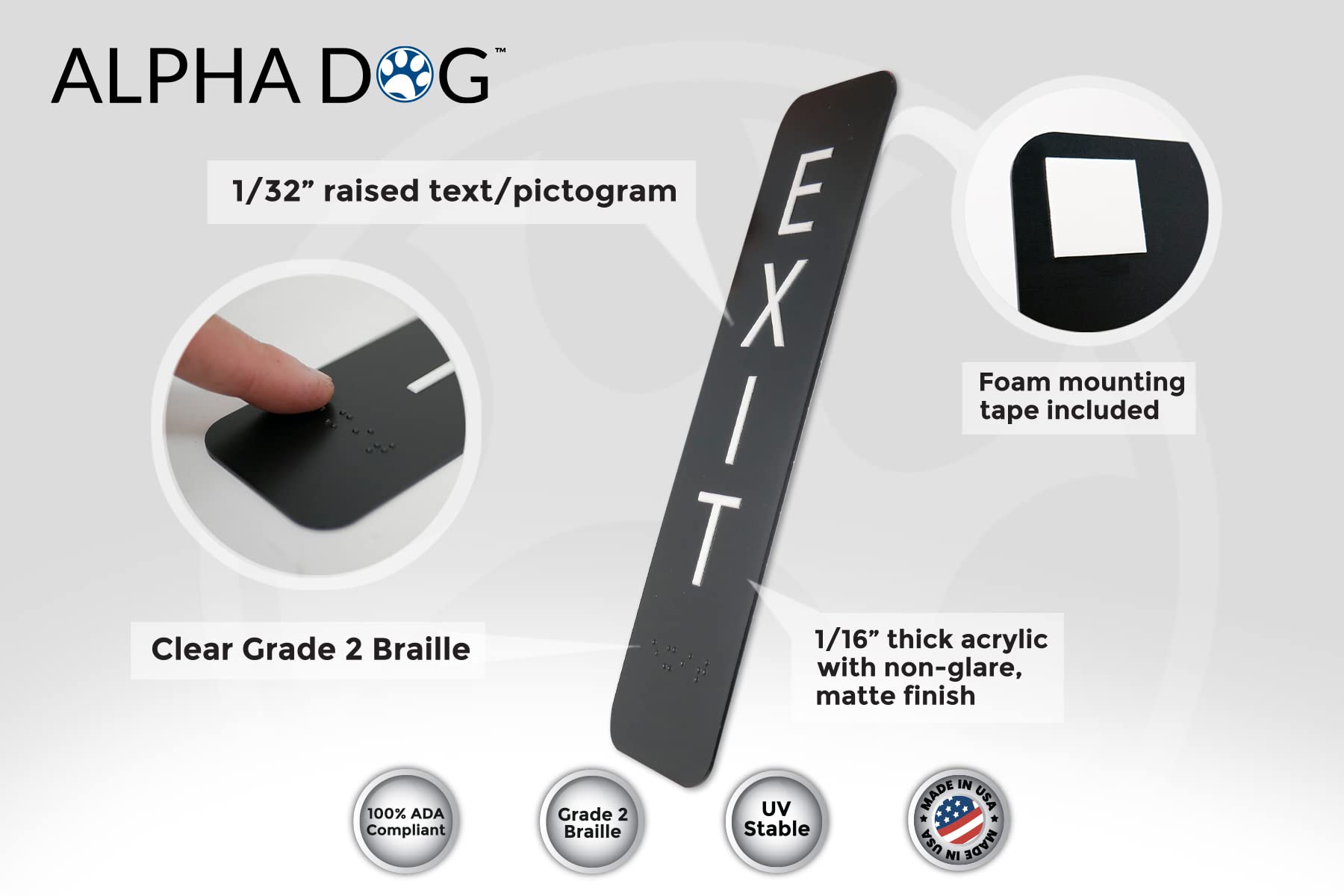Alpha Dog Vertical Braille Exit Sign - 8x2 inches, ADA Compliant, Indoor/Outdoor, Black, Easy Install, USA Made