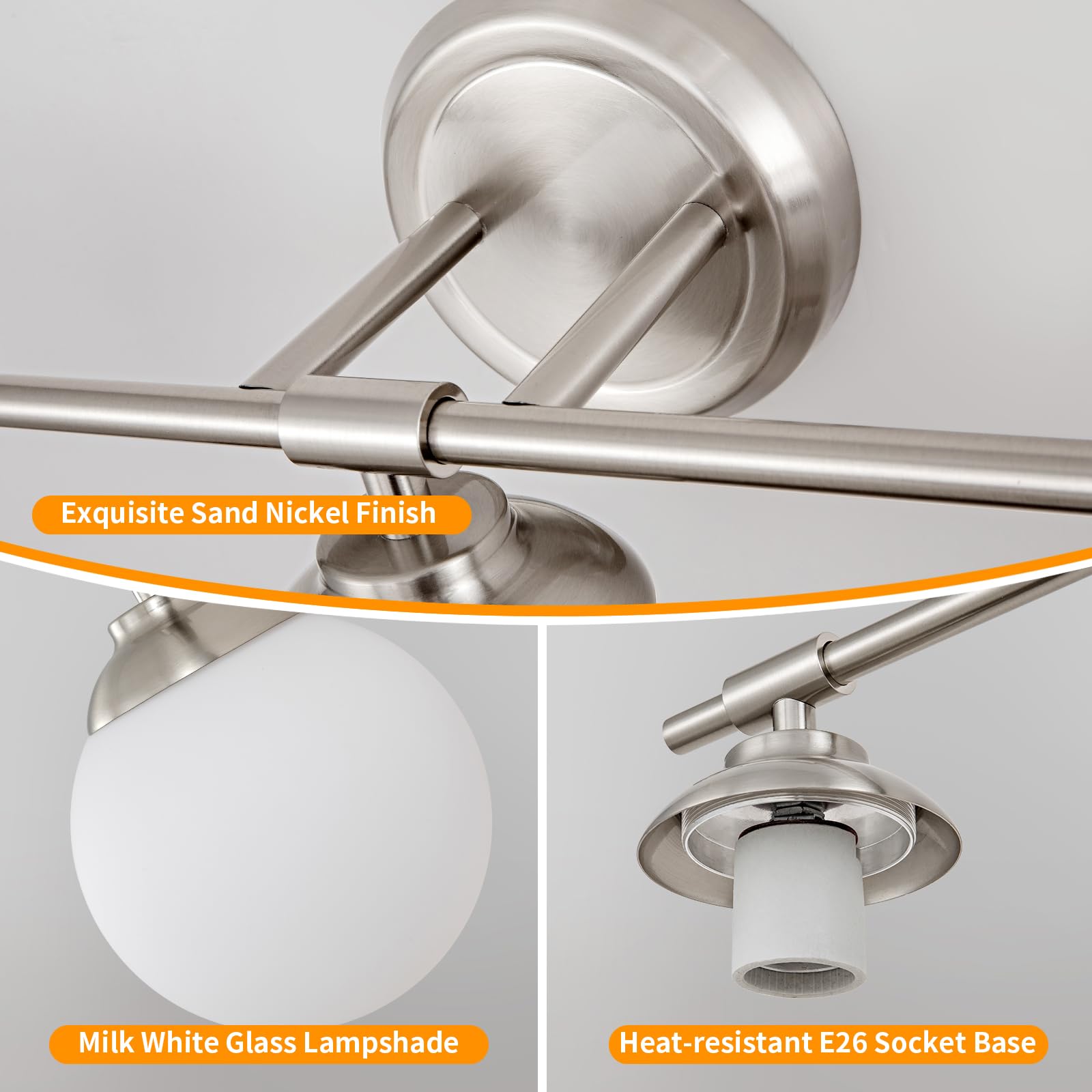 Rayogale Sand Nickel Bathroom Light Fixtures, 2 Light Vanity Lights Over Mirror, Mid Century Vanity Lights For Bathroom, Milk Wh