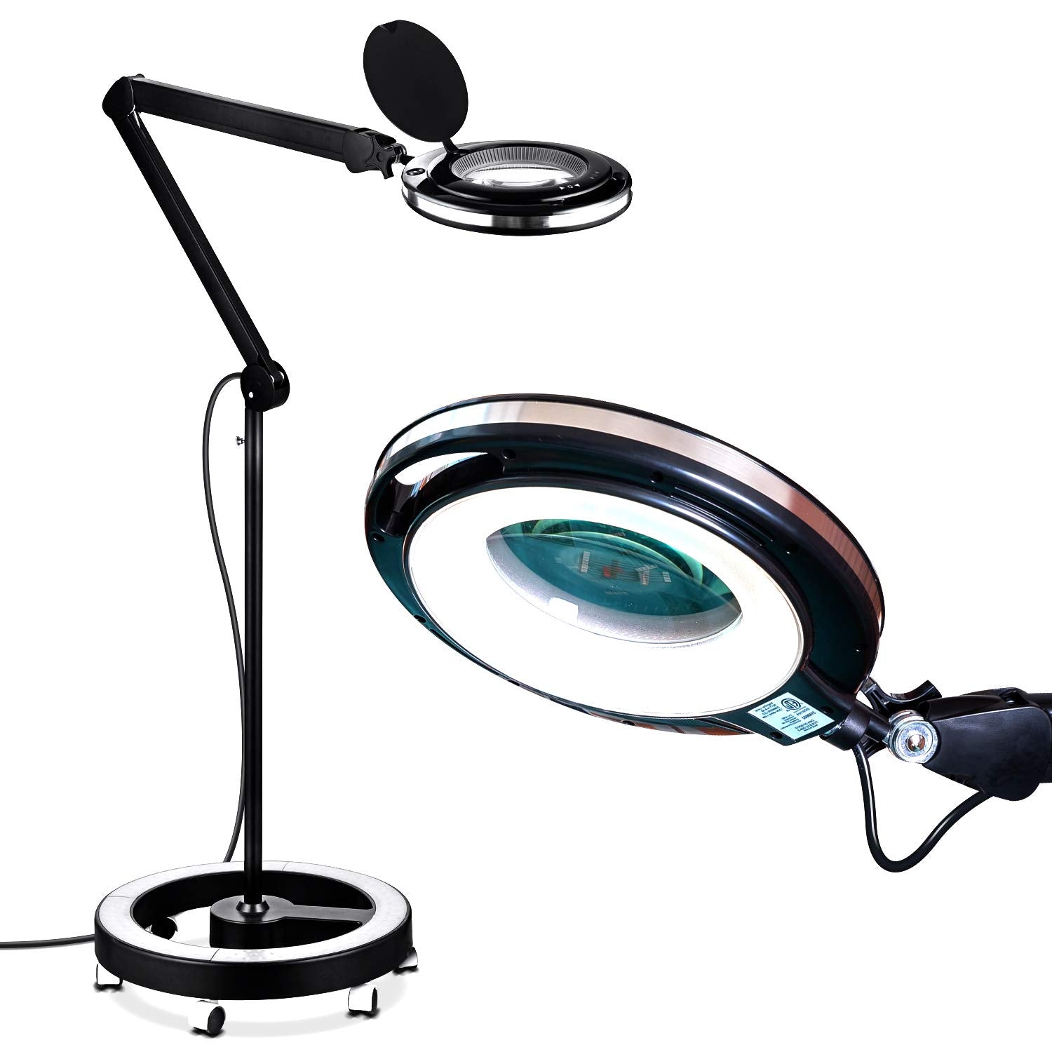 Brightech Lightview Pro Magnifying Glass Floor Lamp, 3 Diopter, Dimmable LED, Rolling Base, Black