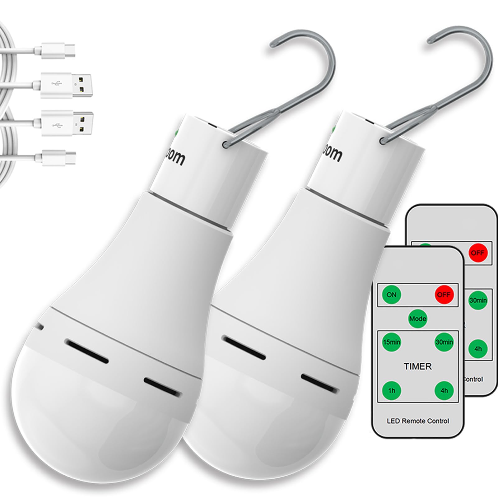 FLYHOOM USB Rechargeable Light Bulbs with Remote, 4 Light Modes + Timer, 1200 mAh Rechargeable Battery, Portable LED Tent Light 