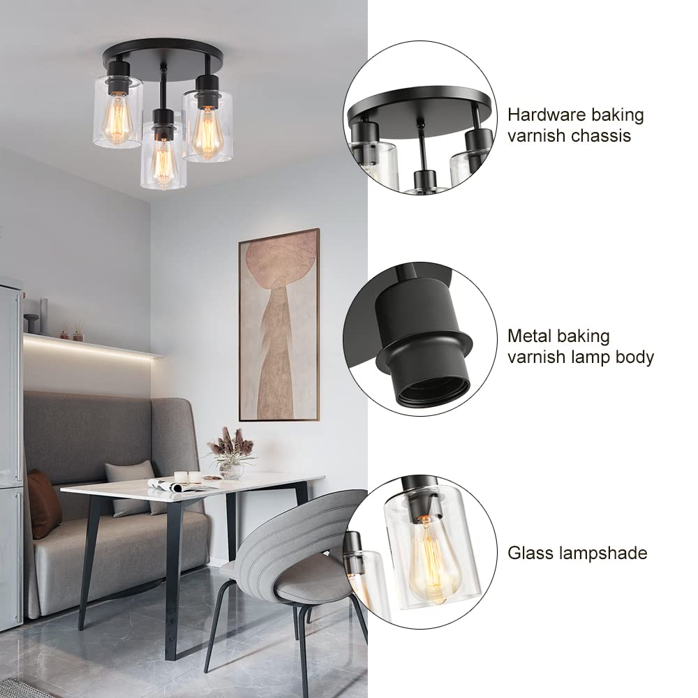 Ihengyanlt 3-Light Industrial Farmhouse Black Matte Light Fixtures Ceiling Mount, With Clear Glass Shades Semi Flush Mount Ceili