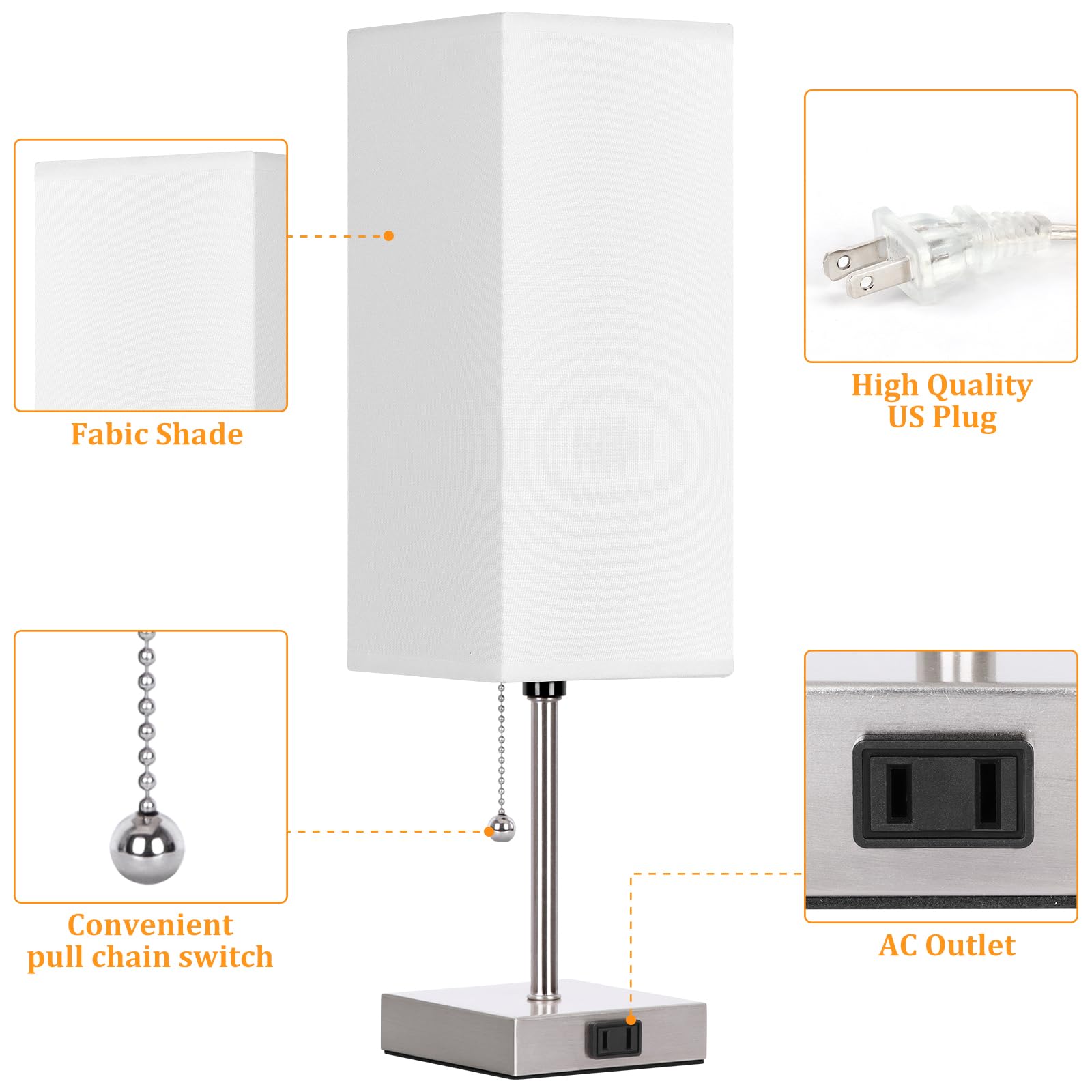 Table Lamp For Bedroom Set Of 2,3-Color Bedside Lamps With Pull Chain Table Lamps For Nightstand With Ac Outlets,18'' Night Ligh