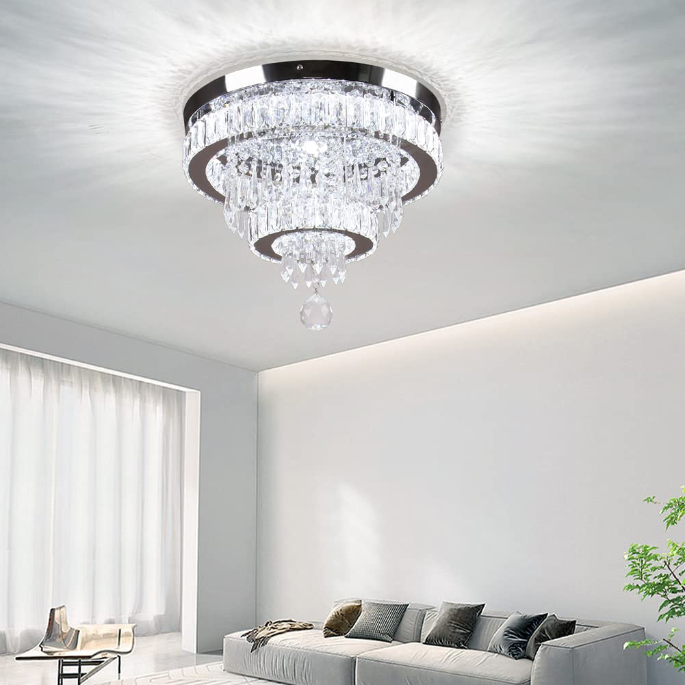 Cainjiazh Crystal Chandelier Flush Mount Light Fixture, 16in Dimmable, Remote Control, for Bedroom, Dining Room, Living Room