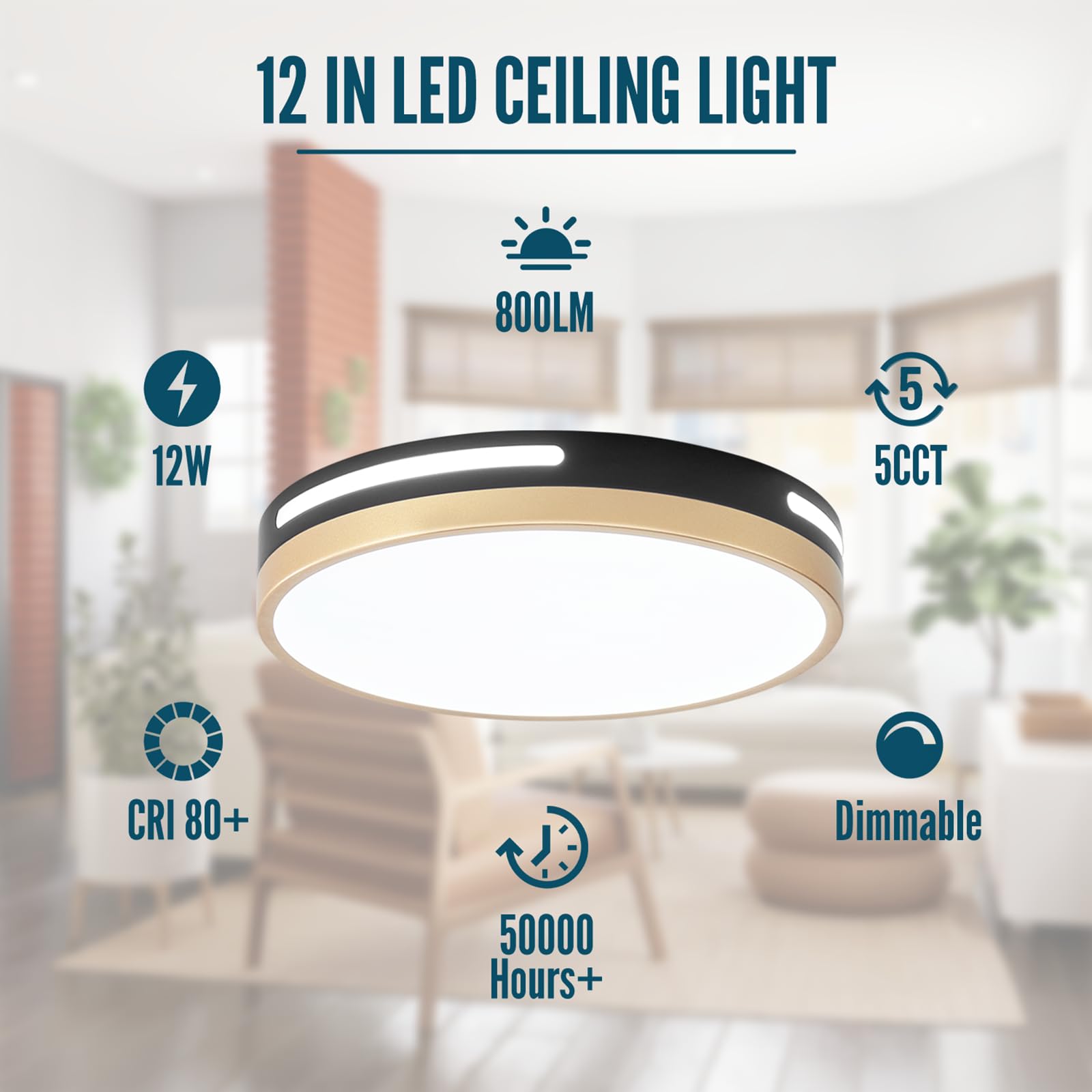 Wheatronic 24W LED Ceiling Light Flush Mount, Black & Gold 2 Pack, 12-Inch, 5CCT Fixture for Kitchen, Bedroom, Bathroom, Living Room