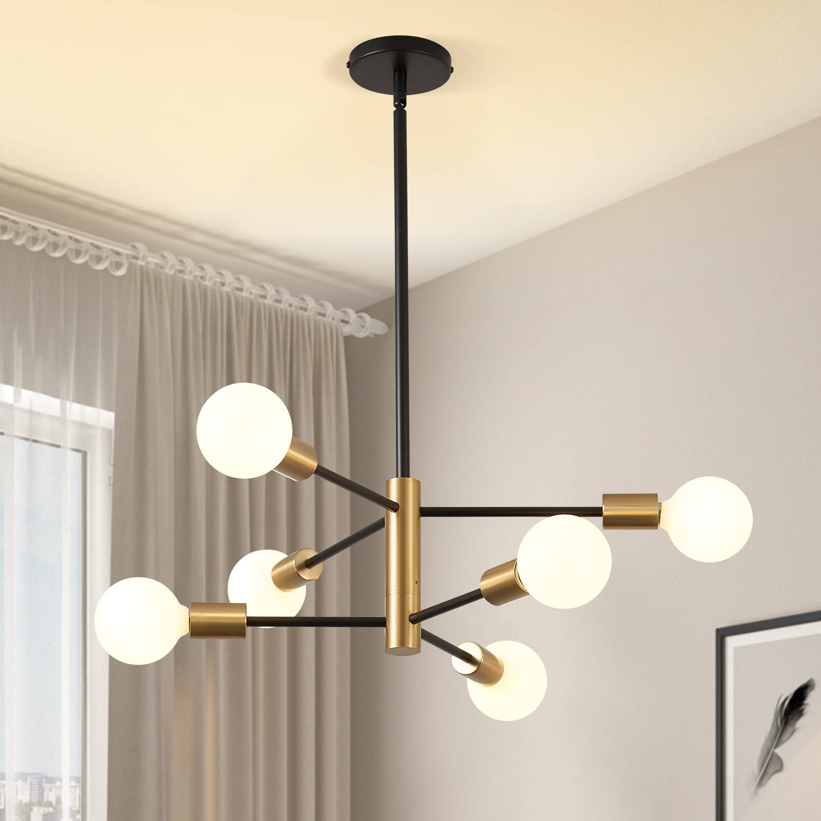 Kaisite Modern Sputnik Chandelier - 6 Light Chandelier With Height Adjustment, Black And Gold Finish For Kitchen, Bedroom And Fo